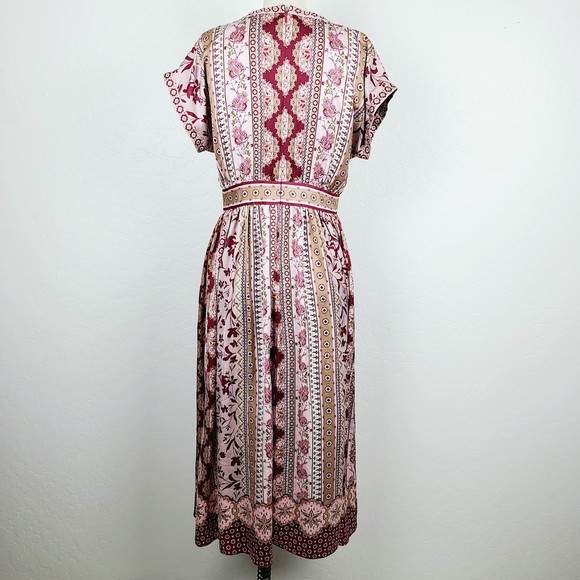 Gal Meets Glam Dress 4 Burgundy Pink Silky Floral V-Neck A-Line Lined Midi - Picture 4 of 7